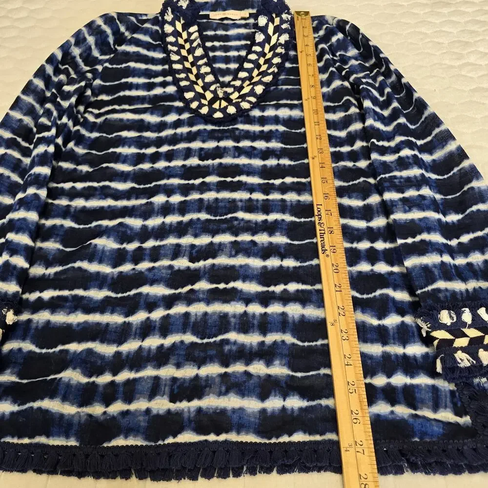 Tory Burch Blue Tie Dye Embellished Cotton Voile Tunic Shirt Size 4 Fringe Boho